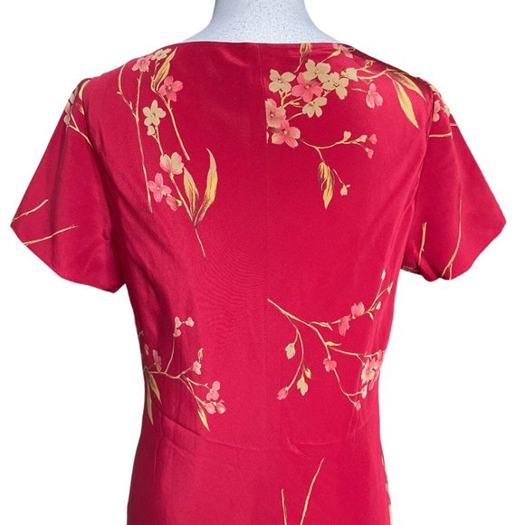 100% Silk Floral Dress 14 Maxi Long V-Neck Short Sleeve Satin Georgette Red - Picture 6 of 16